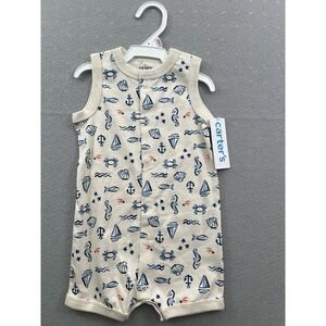Carters 9 Months Baby Boy Sea Print Snap-Up Cotton Romper Sleeveless Nautical